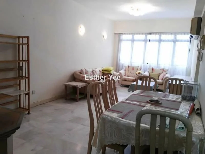 Living features: marble flooring, white painted walls, ceiling light fixture, large windows with sheer curtains, 2-seater fabric sofa in beige, 3-seater fabric sofa in beige, wooden dining table with 6 chairs, wooden shelving unit, decorative cushions, side table; style: modern.