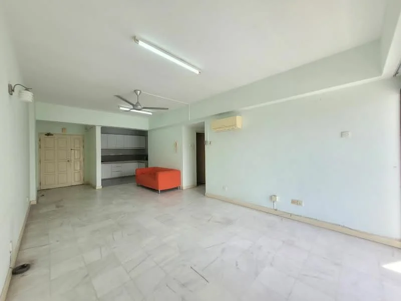 Living features: white painted walls, marble flooring, 5-blade ceiling fan with light, air conditioning unit, orange fabric sofa, built-in cabinetry, sliding glass door, natural light from windows; style: modern.