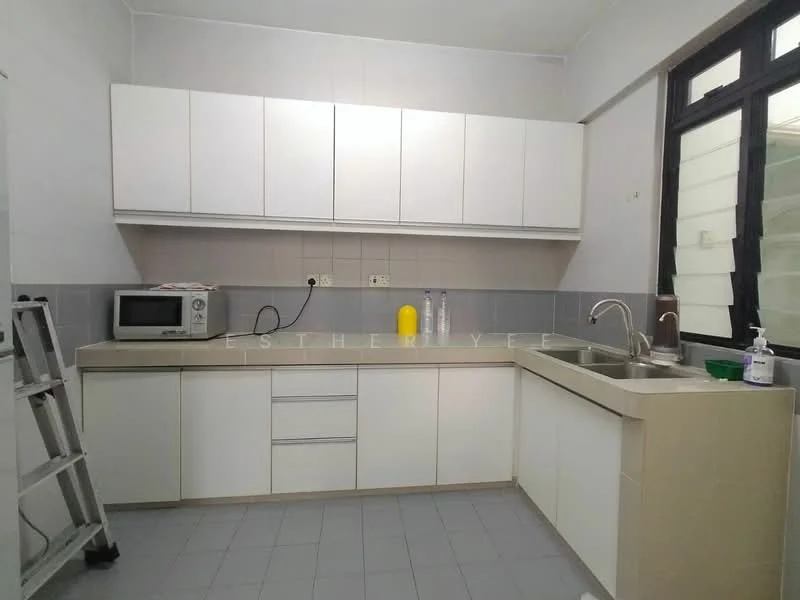 Kitchen features: white cabinetry, grey tiled backsplash, laminate countertop, single-bowl stainless-steel sink, chrome pull-down faucet, built-in microwave, freestanding range oven, grey floor tiles, window with black frame, ladder against wall; style: modern.