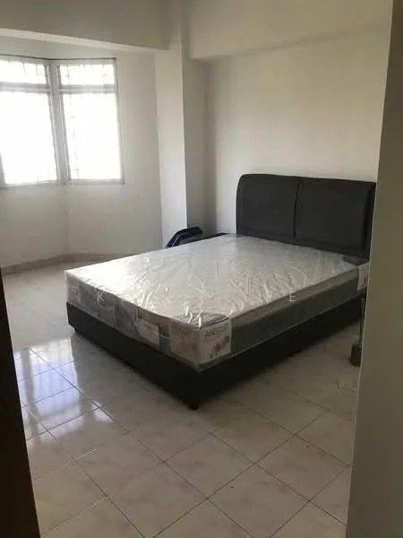 Bedroom features: queen-size bed, upholstered headboard, white walls, tile flooring, floor-to-ceiling windows, natural light, curtains, minimalist decor; style: modern.