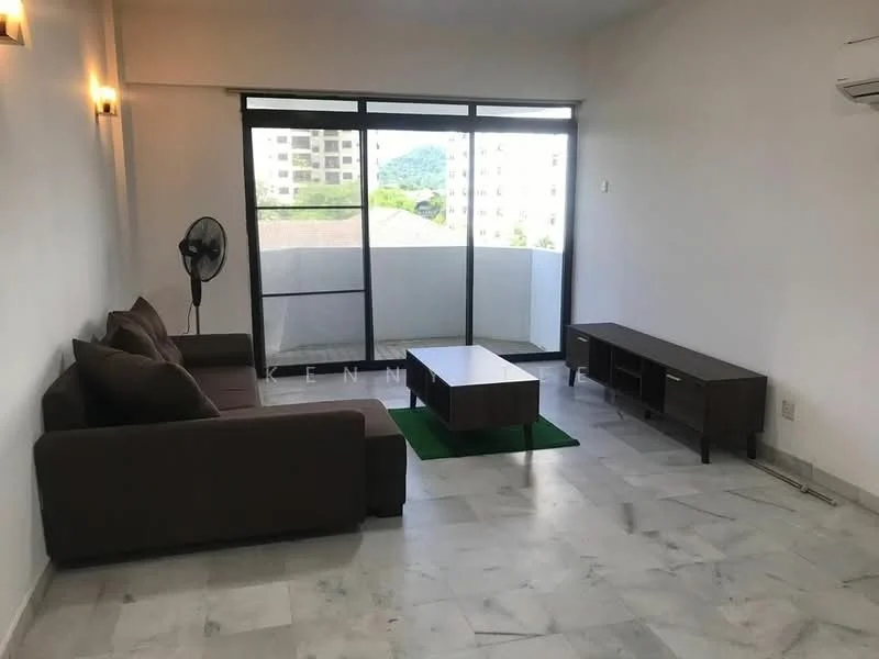 Living features: 3-seater fabric sofa in brown, coffee table, TV console, floor-to-ceiling windows, sliding glass door, marble flooring, wall-mounted air conditioning unit, ceiling fan, green area rug; style: modern; view: city.