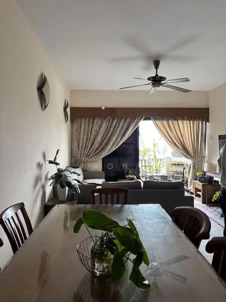 Living features: 5-blade ceiling fan with light, sofa in light grey, wall-mounted TV, coffee table, area rug, curtains with floral pattern, floor-to-ceiling windows, decorative plants, wooden dining table, wooden dining chairs; style: modern; view: garden.