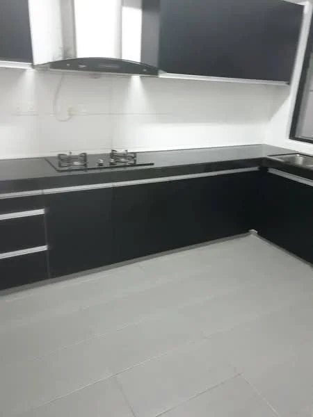 Kitchen features: black cabinetry, granite countertop, stainless-steel sink, chrome pull-down faucet, built-in gas hob, exhaust hood, grey tile flooring, white painted walls; style: modern.