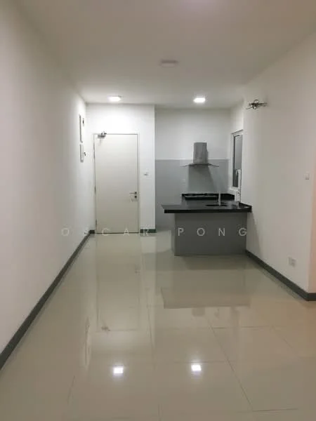 Kitchen features: white painted walls, glossy tile flooring, black countertop, stainless-steel range hood, built-in stove, single-bowl stainless-steel sink, grey cabinetry, recessed downlights; style: modern. Room features: white painted walls, glossy tile flooring, door to hallway, light fixture.