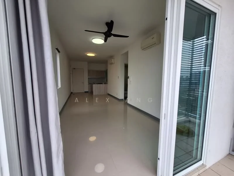 Room features: light-colored walls, polished tile flooring, ceiling fan, wall-mounted split AC, floor-to-ceiling windows, sliding glass door, neutral color scheme, open layout; style: modern; view: city.