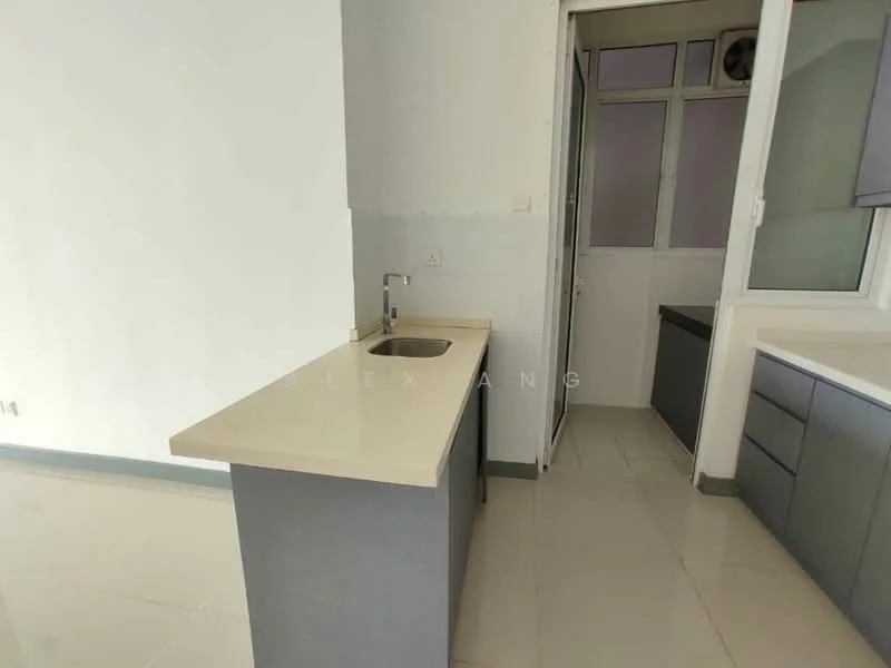 Kitchen features: single-bowl stainless-steel sink, chrome pull-down faucet, light-colored countertop, grey cabinetry, white walls, tile flooring, window with natural light, built-in cabinets; style: modern.