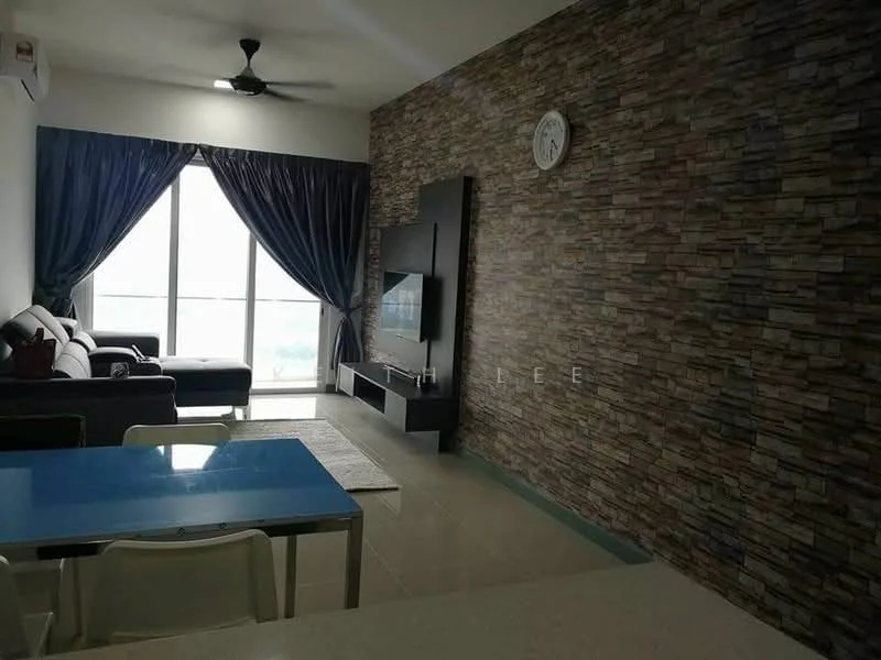 Living features: 3-seater fabric sofa in dark brown, wall-mounted TV, TV console, decorative stone accent wall, floor-to-ceiling windows, sheer curtains, ceiling fan, area rug, coffee table, clock on wall; style: modern; view: city. Dining features: blue dining table, 4 white dining chairs, tile flooring; style: modern.