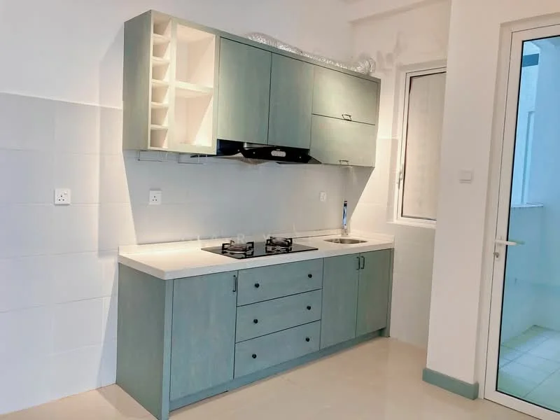 Kitchen features: light blue cabinetry, white countertop, stainless-steel gas hob, built-in range hood, single-bowl stainless-steel sink, chrome pull-down faucet, white tiled backsplash, window with view to balcony, open shelving, drawer storage, cupboard storage, light-colored floor tiles; style: modern.