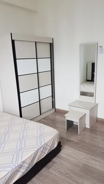Bedroom features: queen-size bed with patterned bedding, sliding wardrobe with mirrored doors, dressing table with mirror, wooden flooring, white painted walls, natural light from window, minimalist decor; style: modern.
