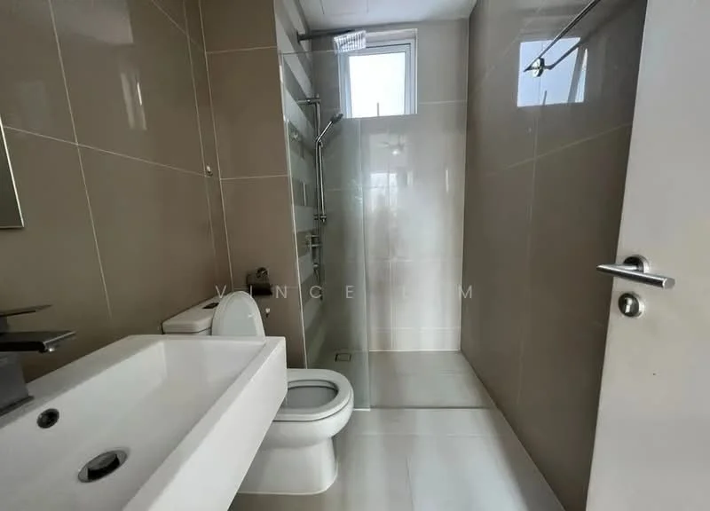 Bathroom features: white ceramic toilet, single-sink vanity with modern faucet, glass shower enclosure, wall-mounted showerhead, grey tiled walls, white tiled flooring, large window for natural light, mirror above sink, chrome towel rail; style: modern.
