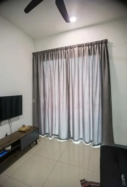 Room features: light grey curtains, floor-to-ceiling windows, wall-mounted TV, wooden TV console, cream painted walls, glossy tile flooring, ceiling fan with light, recessed downlights; style: modern.