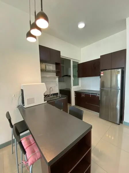 Kitchen features: dark wood cabinetry, grey countertop, stainless-steel fridge, built-in microwave, single-bowl stainless-steel sink, chrome pull-down faucet, ceramic tile flooring, recessed downlights, pendant lighting, open shelving, bar seating with 4 black chairs; style: modern.