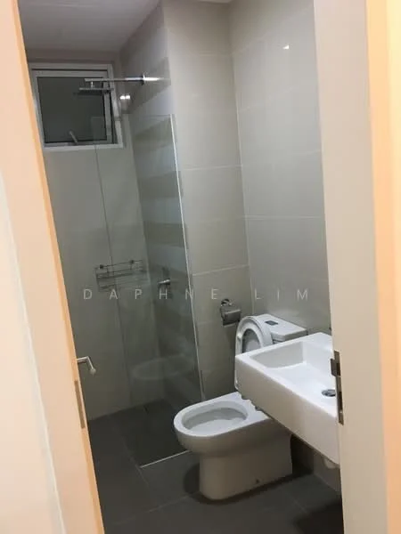 Bathroom features: white tiled walls, grey floor tiles, walk-in shower with glass enclosure, chrome shower head, single-sink vanity with white cabinet, chrome basin mixer faucet, one-piece toilet, mirror above sink, towel rack, window for natural light; style: modern.