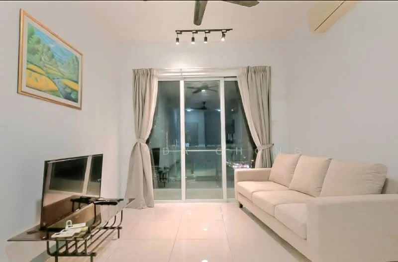 Living features: beige fabric sofa, wall-mounted TV, TV console, floor-to-ceiling sliding glass door, curtains, ceiling fan, recessed LED downlights, white painted walls, glossy tile flooring, framed artwork, decorative wall clock; style: modern; view: city.