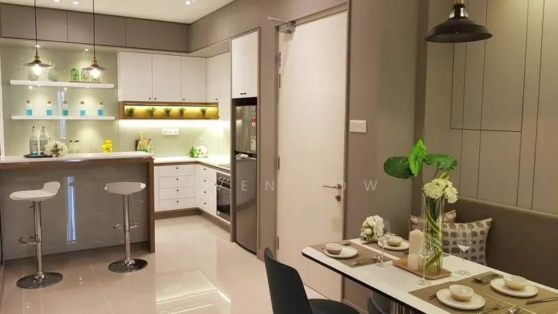 Kitchen features: white shaker cabinets, grey cabinetry, marble countertop, stainless-steel fridge, built-in oven, 4-burner gas hob, single-bowl stainless-steel sink, chrome pull-down faucet, pendant lighting, recessed downlights, bar seating with 2 stools, open shelving with decorative items, tile backsplash, polished tile flooring; style: modern. Dining features: 6-seater dining table, upholstered dining chairs, decorative table setting, wall-mounted decor, greenery in vase; style: modern.