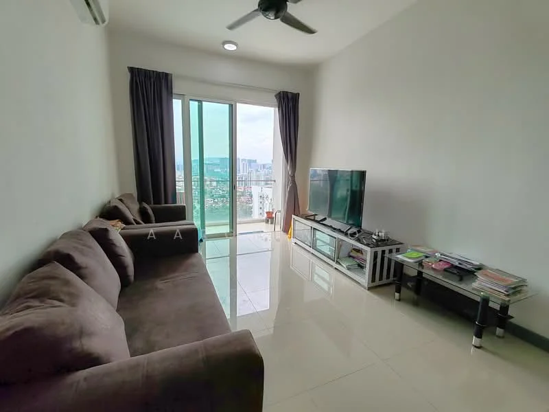 Living features: 3-seater fabric sofa in brown, floor-to-ceiling windows, sliding glass door, white painted walls, glossy tile flooring, ceiling fan, TV console, wall-mounted TV, coffee table, decorative items on shelves; style: modern; view: city.