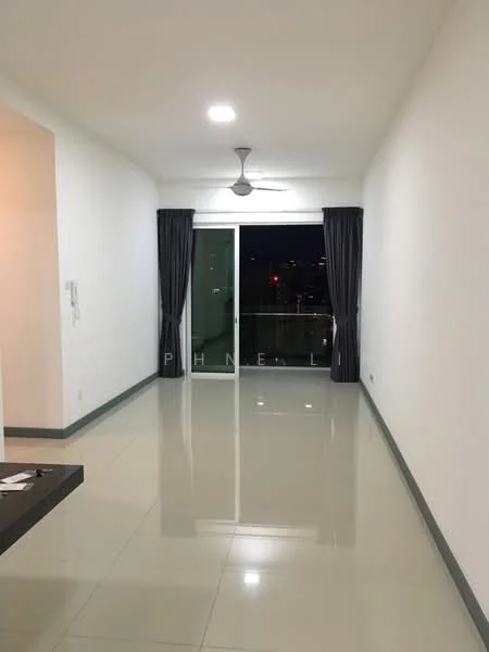 Living features: white painted walls, glossy tile flooring, 5-blade ceiling fan, floor-to-ceiling sliding glass door, dark grey curtains, open layout, neutral color scheme, balcony access; style: modern; view: city.