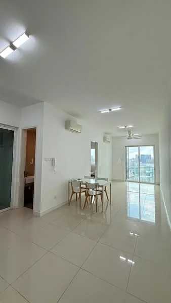 Living features: white painted walls, glossy ceramic tile flooring, recessed LED downlights, 5-blade ceiling fan, floor-to-ceiling windows, dining table with four wooden chairs, wall-mounted split AC, view of city skyline; style: modern; view: city. Room features: door leading to bathroom, wall-mounted split AC.