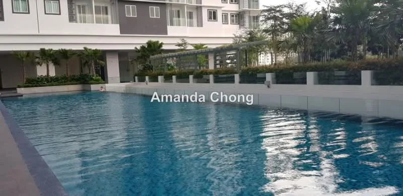 Exterior type: swimming pool deck; features: infinity pool, pool deck with loungers, surrounded by landscaped gardens, modern architecture, water feature, paved walkway, tropical landscaping, palm trees; style: modern.