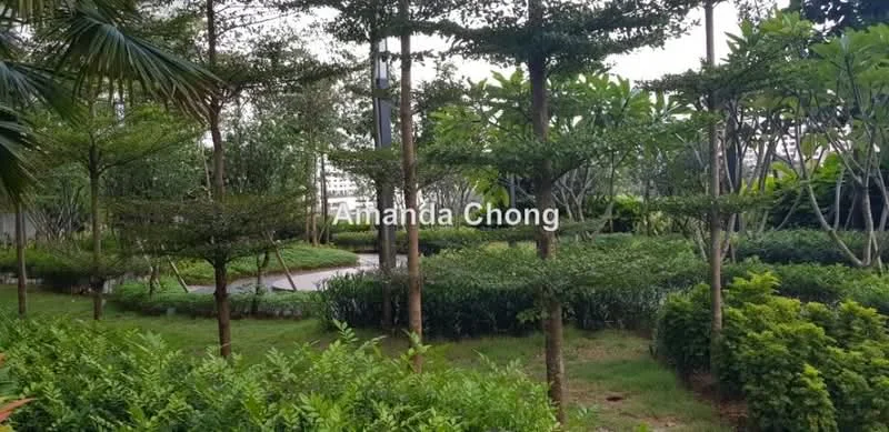 Exterior type: landscape garden; features: manicured lawn, mature trees, tropical landscaping, bushes, pathway, greenery, shrubs; style: tropical-modern.