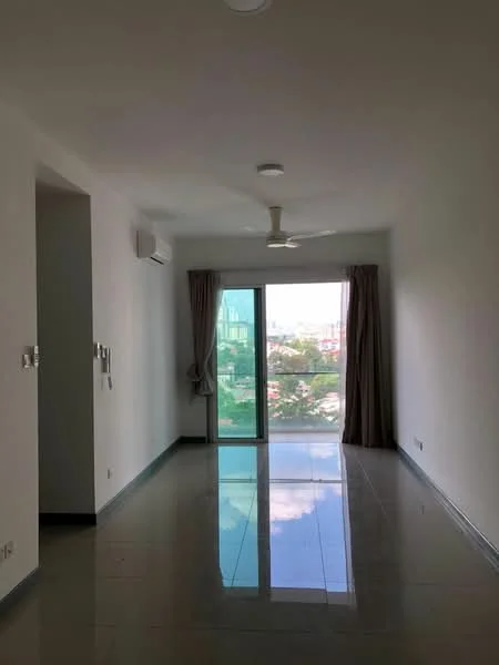 Living features: white painted walls, polished tile flooring, 5-blade ceiling fan, floor-to-ceiling sliding glass door, curtains, wall-mounted split AC, natural light from large window, neutral color scheme; style: modern; view: city.