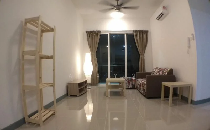 Living features: cream painted walls, polished tile flooring, 5-blade ceiling fan, floor-to-ceiling windows, sheer curtains, sofa with patterned upholstery, wooden coffee table, wooden side table, wooden shelving unit, TV console; style: modern.