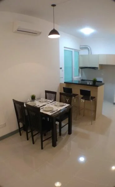 Dining features: 4-seater dining table, black wooden dining chairs, white plates and cutlery set on the table, small potted plant as table decor, pendant light above the table, wall-mounted split AC unit, glossy tile flooring, light-colored walls, open kitchen layout, bar counter with two stools; style: modern. Kitchen features: L-shaped kitchen counter, light-colored cabinetry, black countertop, stainless-steel sink, kitchen appliances visible, window above the sink; style: modern.