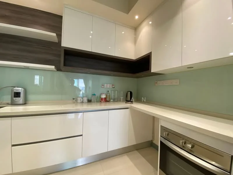 Kitchen features: white high-gloss cabinetry, grey wood shelving, light green glass backsplash, stainless-steel built-in oven, stainless-steel cooktop, single-bowl stainless-steel sink, chrome pull-down faucet, countertop with integrated storage, recessed downlights, modern appliances, tile flooring; style: modern.