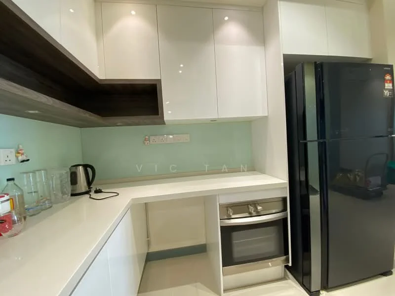 Kitchen features: white glossy cabinetry, black countertop, stainless-steel built-in oven, black refrigerator, kettle, glass splashback, under-cabinet lighting, single-basin stainless-steel sink, modern faucet, open shelving, glassware on countertop; style: modern.