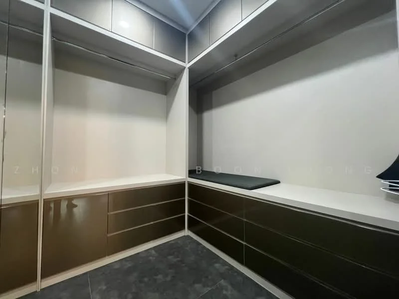 Room features: built-in cabinetry, mirrored sliding doors, dark grey flooring, white walls, shelves, drawer storage, black countertop, ambient lighting; style: modern.