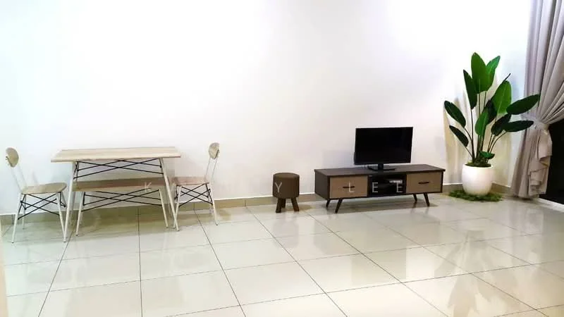 Living features: white painted walls, glossy ceramic tile flooring, dining table with light wood finish, 2 metal dining chairs, TV console in dark wood with drawers, wall-mounted TV, decorative plant in white pot, curtains in light fabric, small round stool, greenery at base of plant; style: modern.
