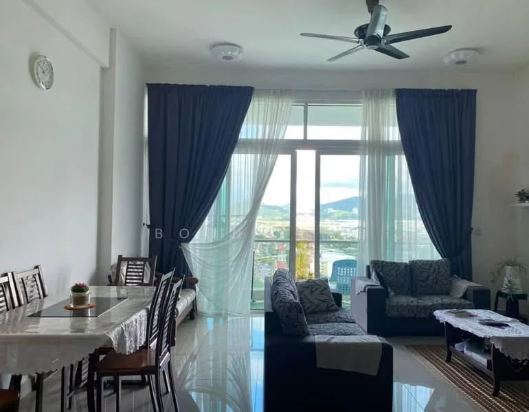 Living features: floor-to-ceiling windows, sheer curtains, dark blue curtains, 5-blade ceiling fan, sofa set with patterned upholstery, coffee table, area rug, wall clock, dining table with chairs, decorative plant on table, light-colored walls, polished tile flooring; style: modern; view: mountain.