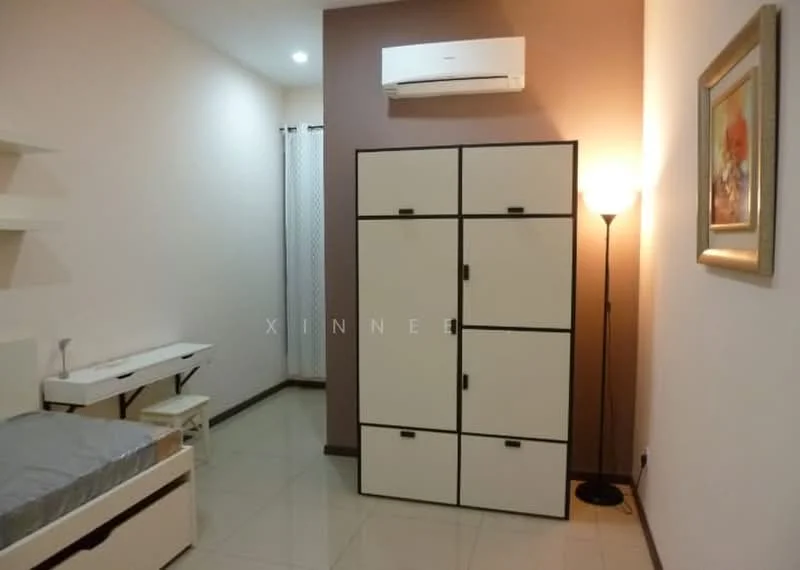 Bedroom features: cream painted walls, brown accent wall, tile flooring, 1 wall-mounted split AC, built-in wardrobe with sliding doors, single bed frame, desk with chair, floor lamp, framed artwork; style: modern.