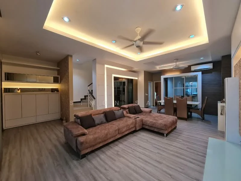 Living features: L-shape sectional sofa in brown, ceiling fan with integrated LED light, recessed downlights, wooden flooring, feature wall with stone cladding, built-in cabinetry with glass display, open layout to dining area, large windows for natural light; style: modern. Dining features: 6-seater dining table, upholstered dining chairs, wooden flooring, recessed lighting, open layout to living area; style: modern.
