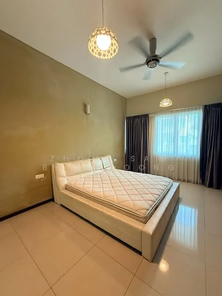 Bedroom features: queen-size bed, upholstered headboard, 2 pendant lamps, 5-blade ceiling fan, floor-to-ceiling window, curtains, cream painted walls, glossy tile flooring; style: modern.