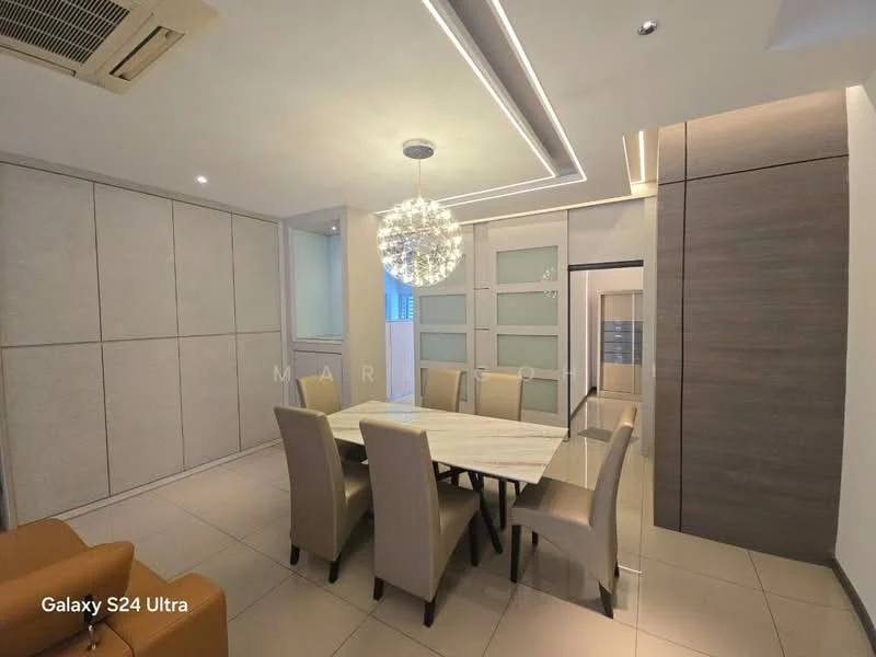 Dining features: 6-seater dining table with marble top, upholstered dining chairs in beige, chandelier light fixture, recessed LED downlights, cream painted walls, tile flooring, built-in cabinetry, sliding glass door, air conditioning unit; style: modern.