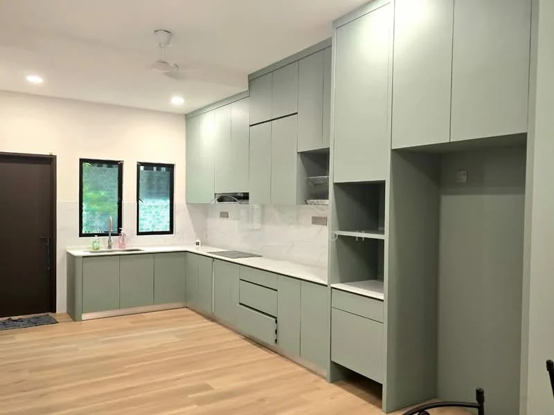 Kitchen features: green cabinetry, white quartz countertop, built-in oven, stainless-steel sink, chrome pull-down faucet, marble backsplash, open shelving, floor-to-ceiling cabinets, wooden flooring, recessed downlights, 2 casement windows, 1 wall-mounted split AC; style: modern.