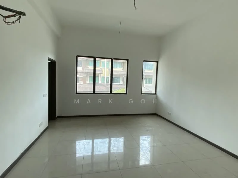 Room features: white painted walls, polished ceramic tile flooring, floor-to-ceiling windows, natural light from multiple windows, no visible furniture or decor, neutral color scheme, high ceiling, electrical wiring visible on ceiling; style: minimalist.
