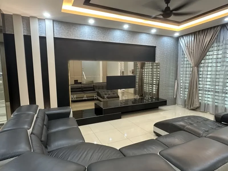 Living features: L-shape sectional sofa in black leather, coffee table, wall-mounted TV, TV console with reflective surface, grey wallpaper with textured pattern, white painted walls, recessed LED downlights, ceiling fan, curtains with sheer and blackout layers, tile flooring in cream, decorative wall panels, mirrored accents; style: modern.