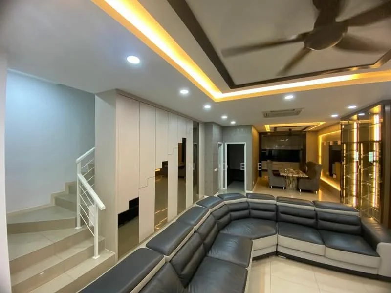 Living features: L-shape sectional sofa in grey and black, recessed downlights, tray ceiling with LED strip lighting, cream tiled flooring, wall-mounted TV, built-in cabinetry with glass display, ceiling fan, open layout to dining area, decorative wall paneling, large windows for natural light; style: modern. Room features: staircase with white railing, light grey walls, open space leading to dining area.