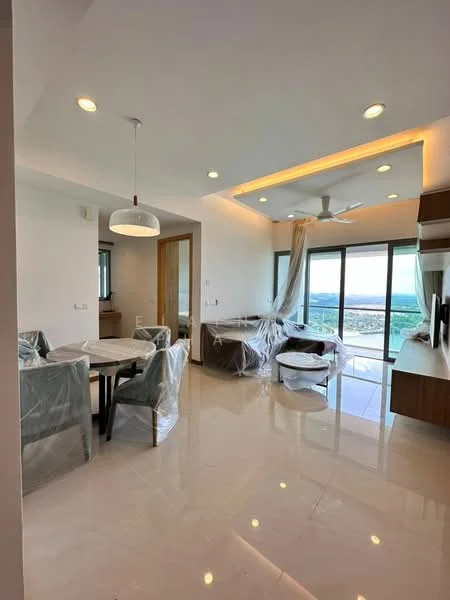 Living features: marble tile flooring, white painted walls, tray ceiling with recessed lighting, 5-blade ceiling fan, floor-to-ceiling windows, curtains, TV console, sofa covered in plastic, dining table with chairs covered in plastic, decorative wall paneling; style: modern; view: city.