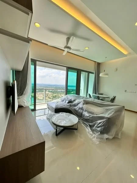 Living features: floor-to-ceiling windows, sliding glass door, 5-blade ceiling fan, recessed LED downlights, wall-mounted TV, wooden TV console, coffee table, upholstered sofa, dining table with chairs, marble flooring, curtains, decorative wall shelf; style: modern; view: city.