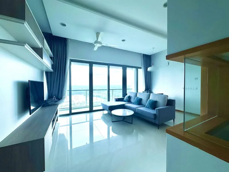 Living features: 3-seater fabric sofa in grey, coffee table, wall-mounted TV, TV console, floor-to-ceiling windows, curtains, ceiling fan, white painted walls, polished tile flooring, decorative wall shelf; style: modern; view: city.