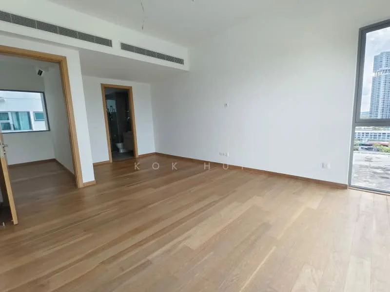 Room features: light wood flooring, white painted walls, floor-to-ceiling windows, open layout, recessed ceiling lights, air conditioning vents, doorway leading to another room, view of city skyline; style: modern; view: city.