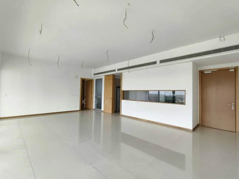 Room features: white painted walls, polished ceramic tile flooring, recessed ceiling lights, large window with city view, wooden door, glass partition, air conditioning vents, no visible furniture; style: modern; view: city.
