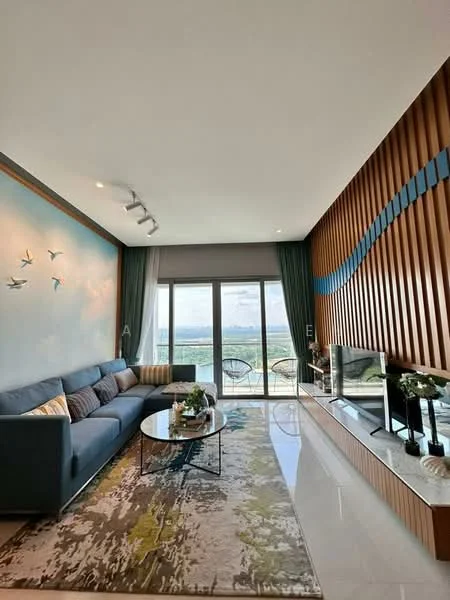 Living features: 3-seater fabric sofa in blue, round coffee table with glass top, area rug with abstract pattern, wall-mounted TV, feature wall with wooden paneling, floor-to-ceiling windows, sheer curtains, decorative wall art with birds, recessed downlights, light-colored tiled flooring, balcony view, greenery visible outside; style: modern; view: city.