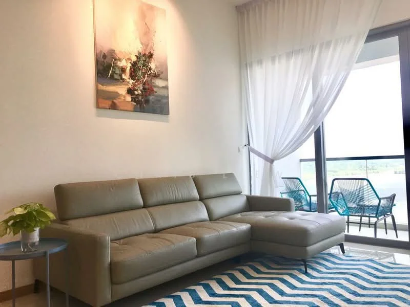 Living features: L-shape sectional sofa in light grey leather, area rug with geometric pattern in blue and white, framed artwork on wall, floor-to-ceiling windows, sheer curtains, side table with plant, balcony view visible; style: modern; view: city.