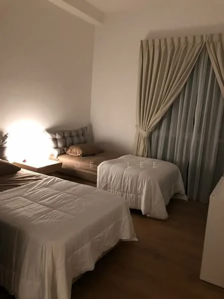 Bedroom features: two single beds with white bedding, upholstered headboard, wooden bed frame, wooden flooring, floor-to-ceiling window with sheer curtains, decorative wall panel, nightstand with lamp, light-colored walls; style: modern.