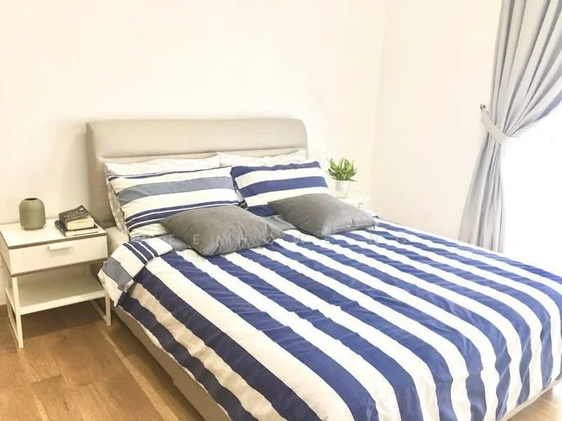 Bedroom features: king-size bed with striped bedding, upholstered headboard, two decorative pillows, nightstand with drawer, table lamp, houseplant in ceramic pot, wooden flooring, curtains, white painted walls; style: modern.