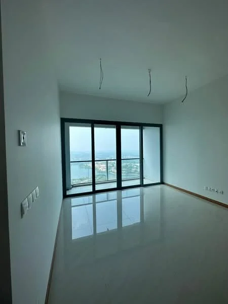 Living features: white painted walls, glossy marble tile flooring, floor-to-ceiling windows, city view, recessed downlights, two hanging light fixtures, sliding glass door, neutral color scheme; style: modern; view: city.